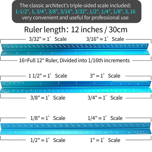12" Aluminum Architect Scale Ruler - Picture 2 of 4